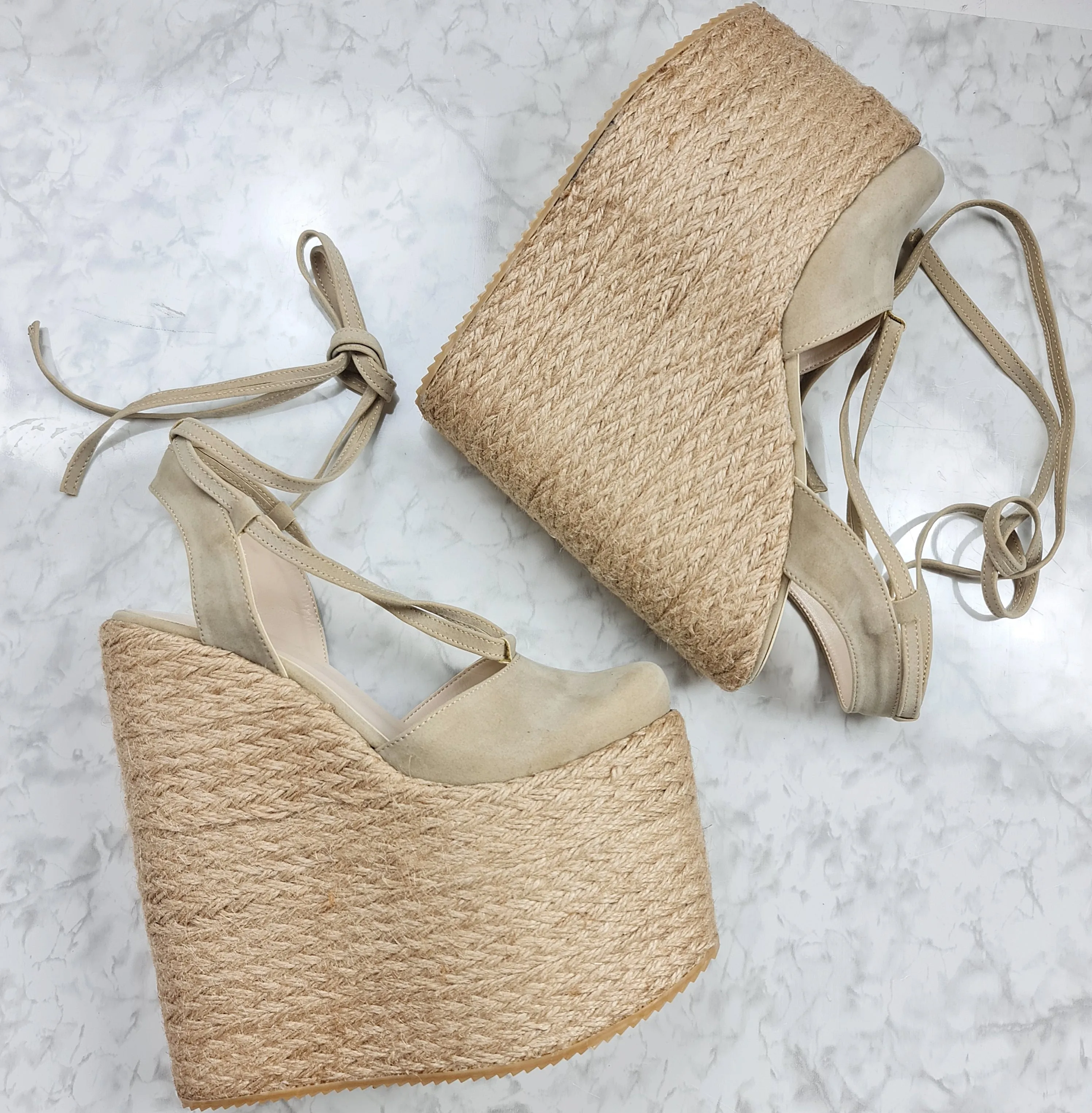 Beige Lace Up  Espadril High Heel Platform Wedges