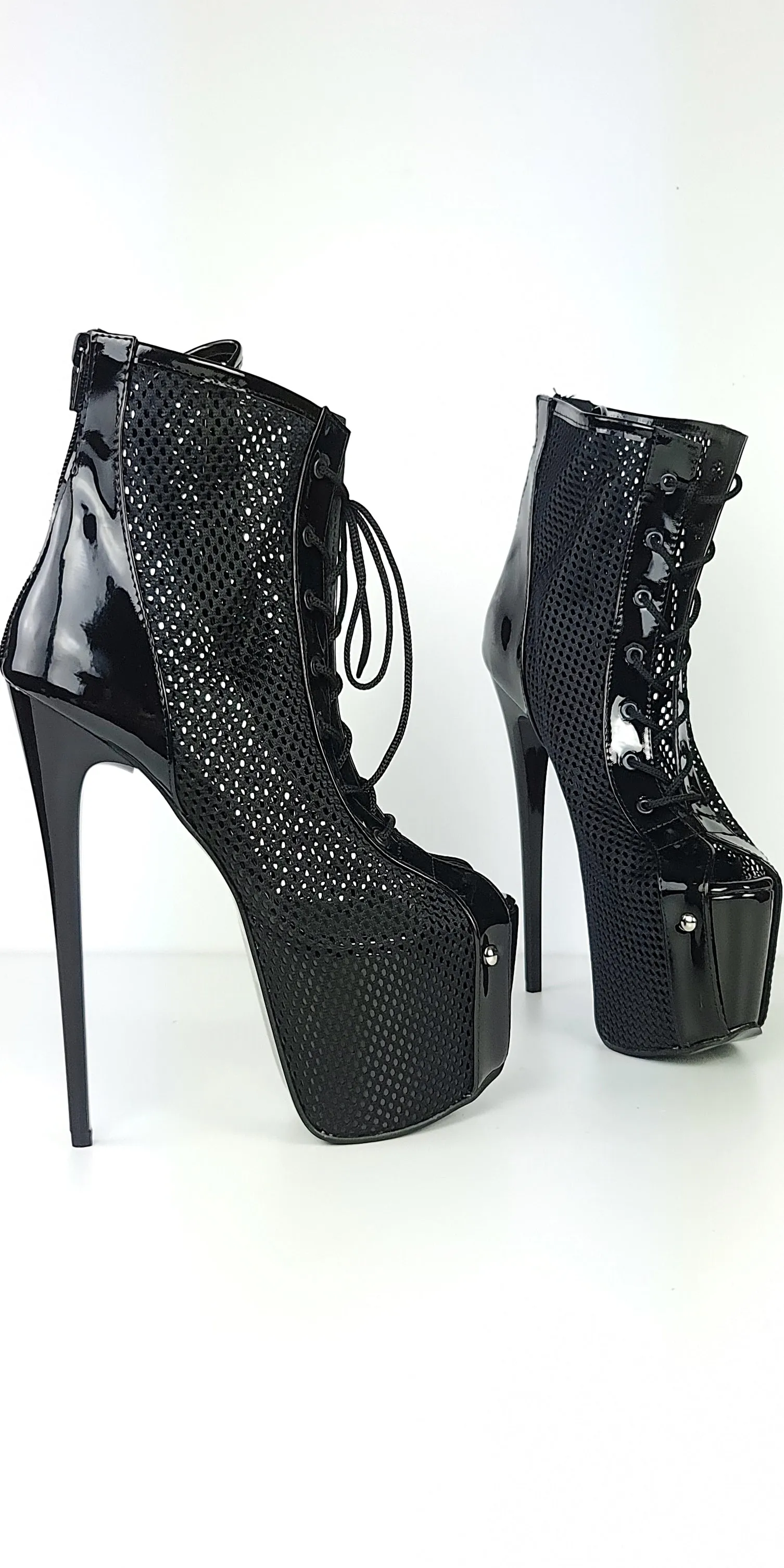 Black Gloss Fishnet Lace Up High Heel Ankle Boots