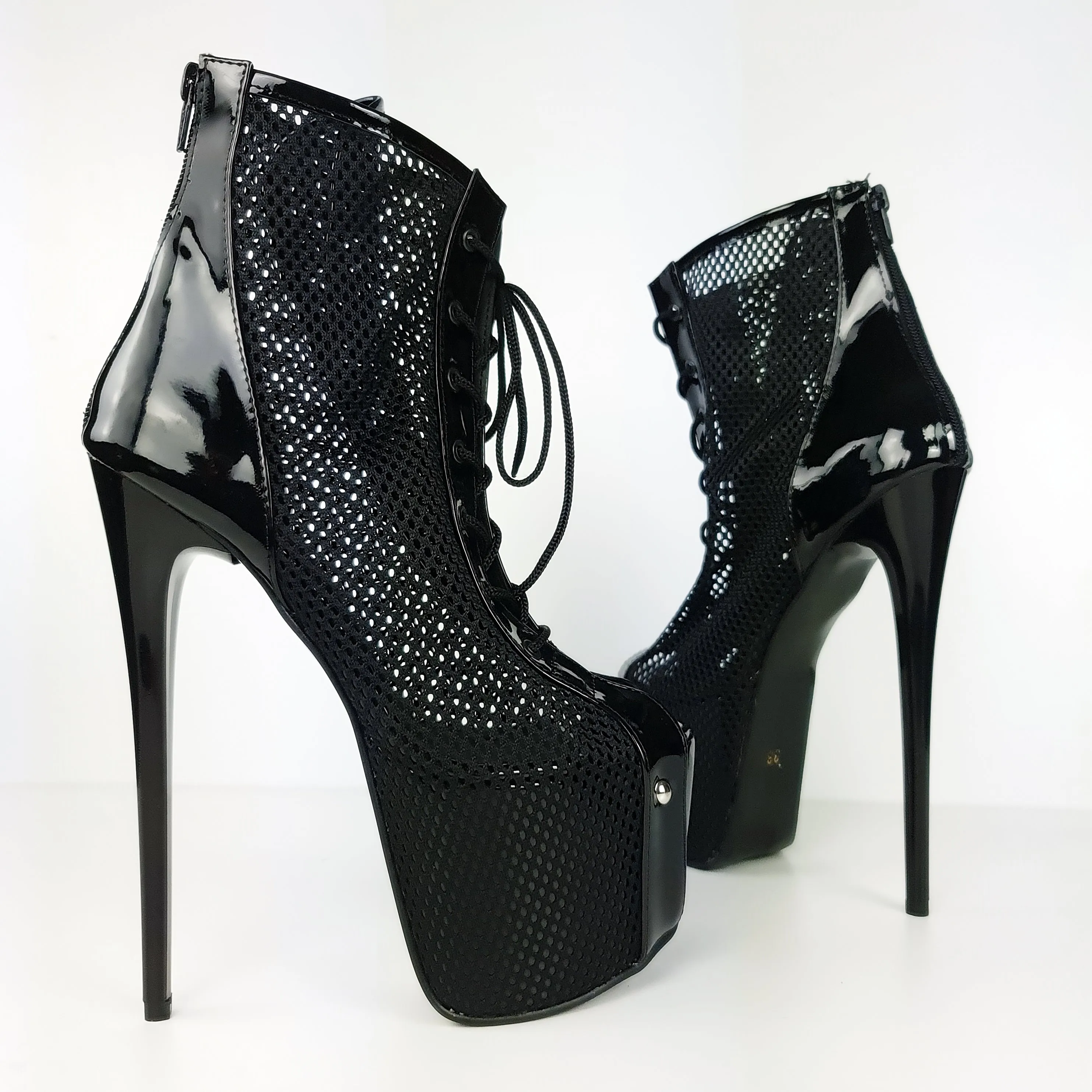 Black Gloss Fishnet Lace Up High Heel Ankle Boots