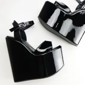 Black Gloss High Heel Wedge Platform Sandals