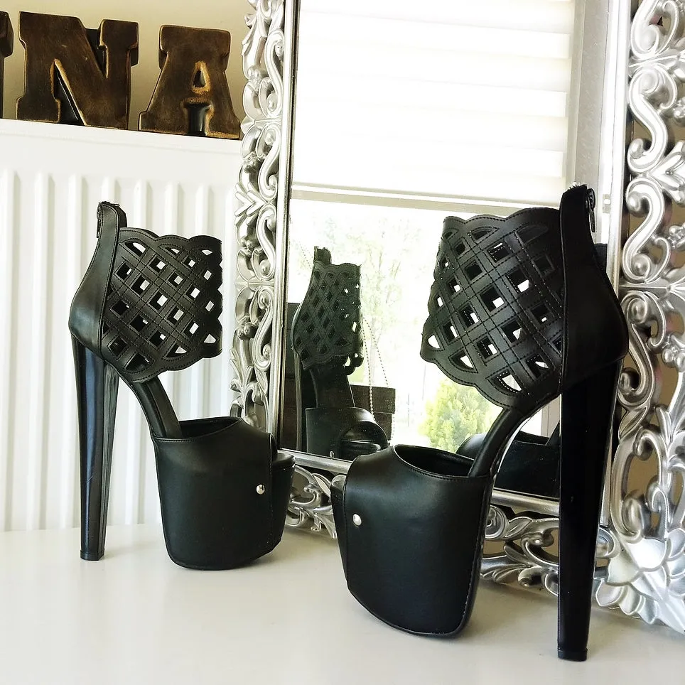 Black Laser Ankle High Heel Platform Shoes