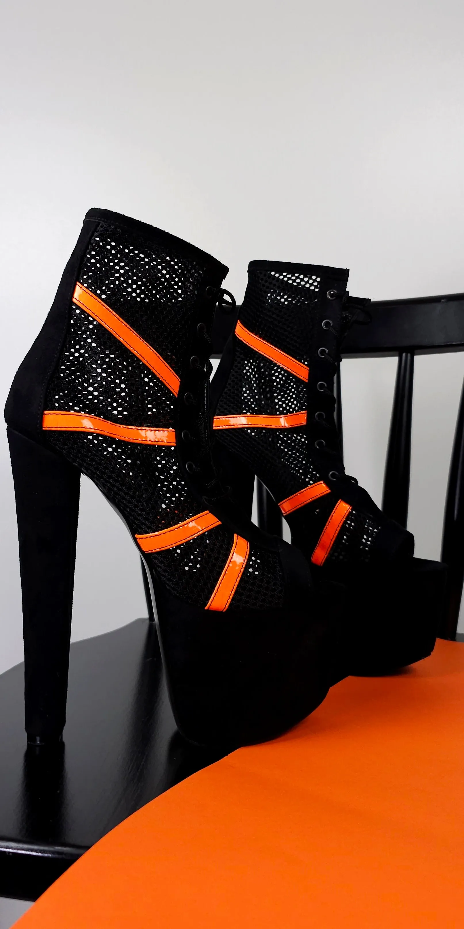 Black Orange Fishnet Platform High Heel Booties