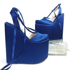 Blue Satin Wedge Ballerina Lace Up Sandals