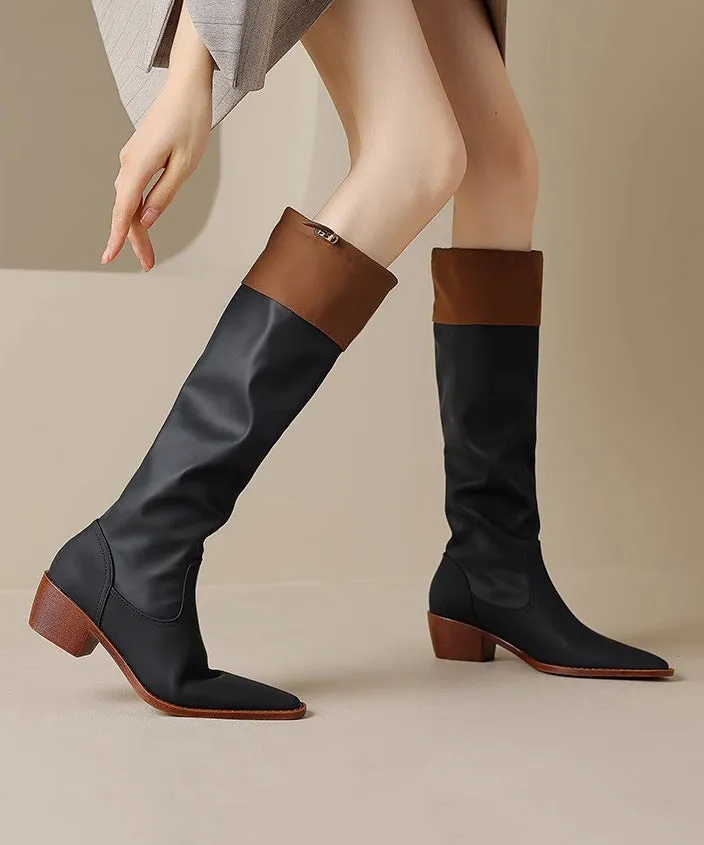 Chic Black Faux Leather Splicing Chunky Knee Boots SL1012