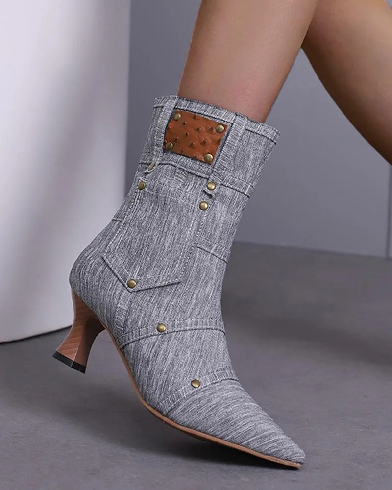 Denim Rivet Zipper Ankle Boots