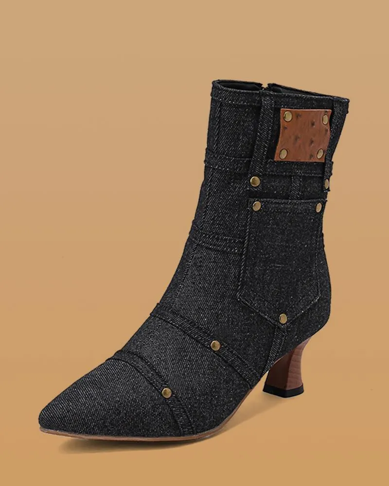 Denim Rivet Zipper Ankle Boots