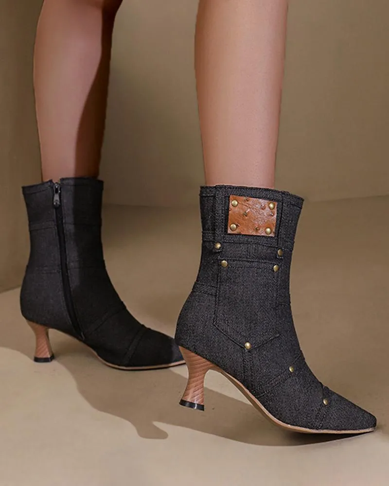 Denim Rivet Zipper Ankle Boots