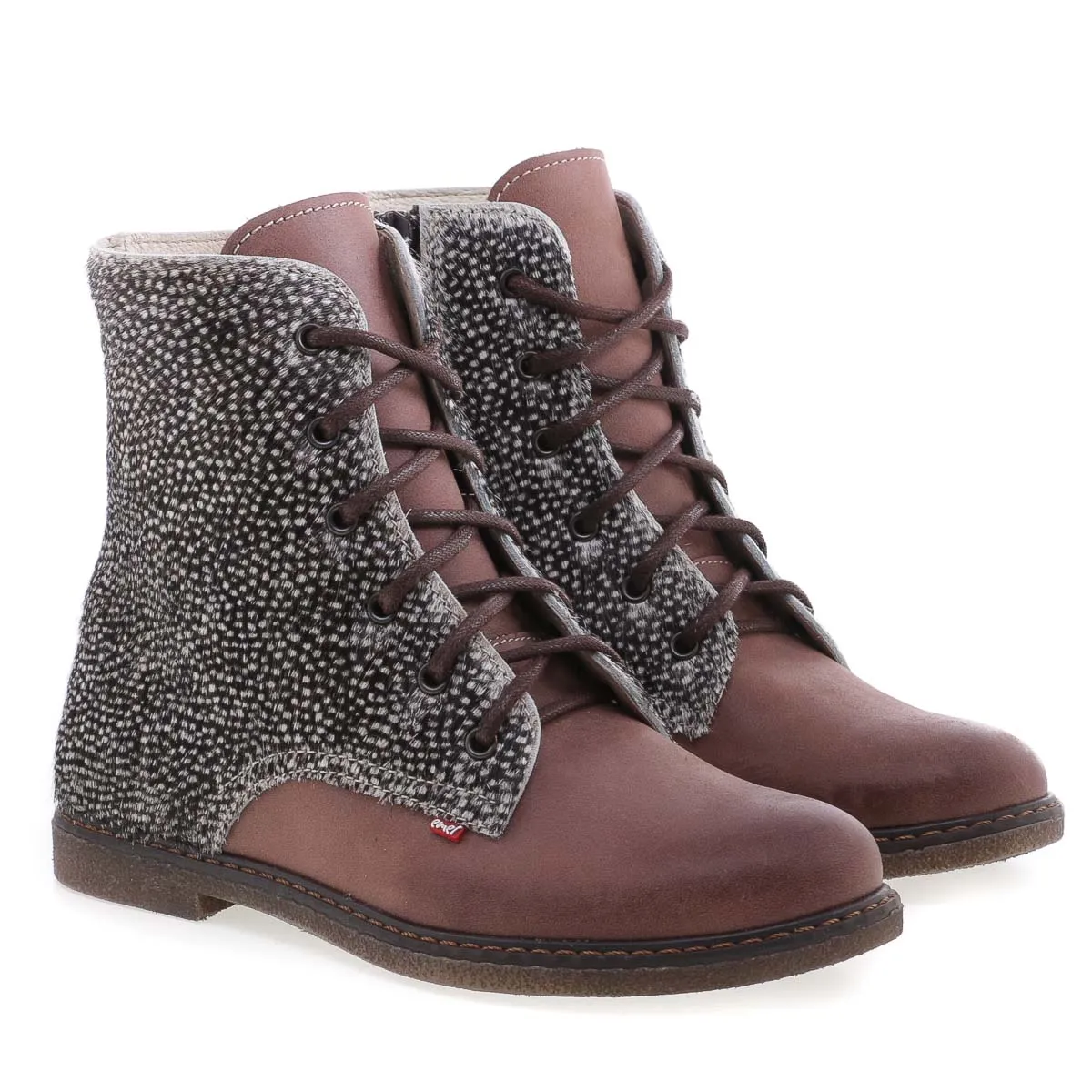 (EY2622B-K1/E2622B-K1) Emel winter shoes - brown lace-up ankle boot animal print