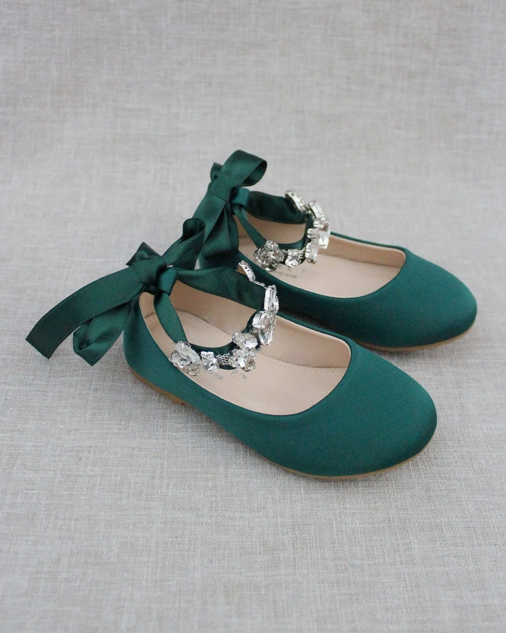 Hunter Green Satin Flats with Navette Cluster Rhinestones