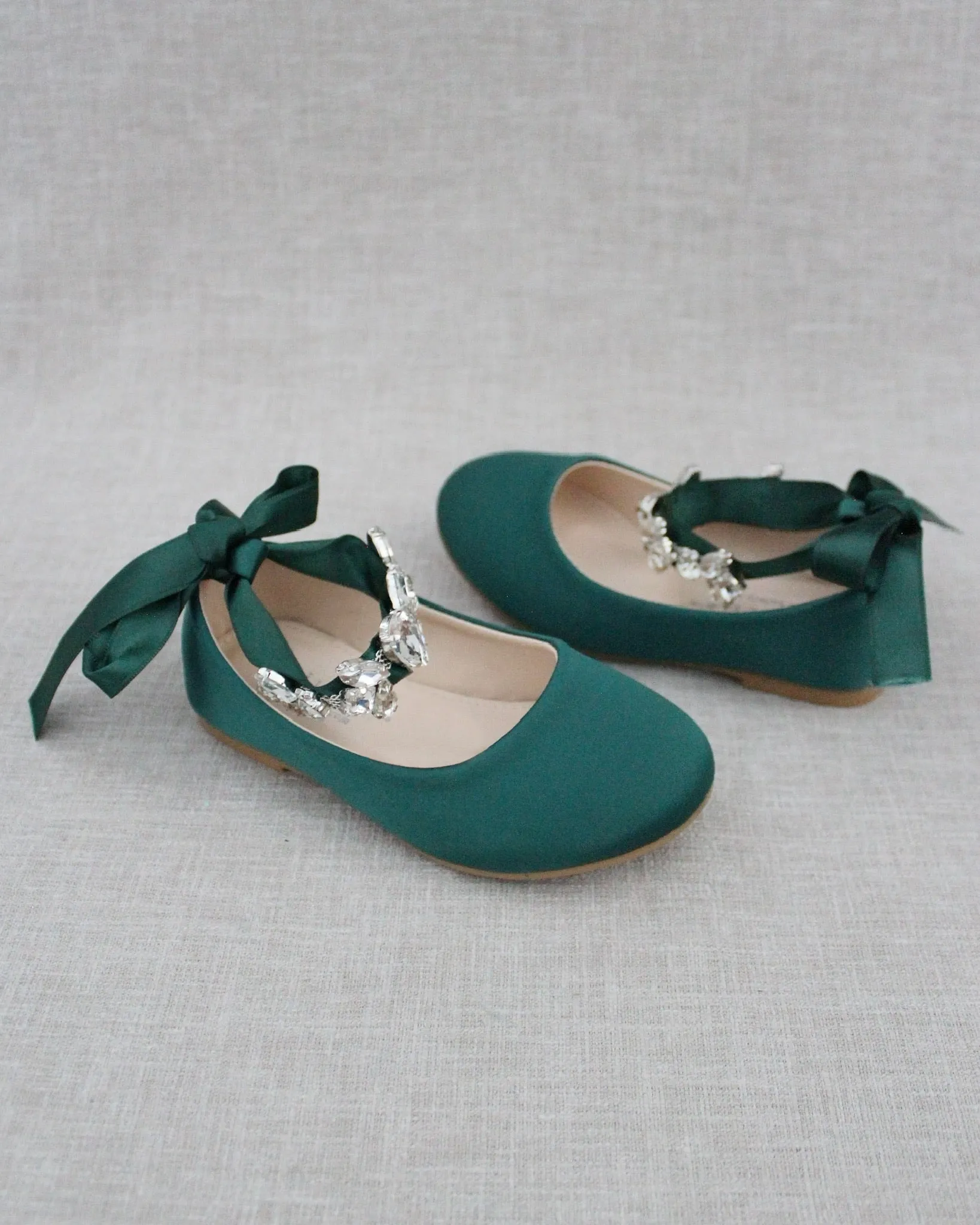 Hunter Green Satin Flats with Navette Cluster Rhinestones