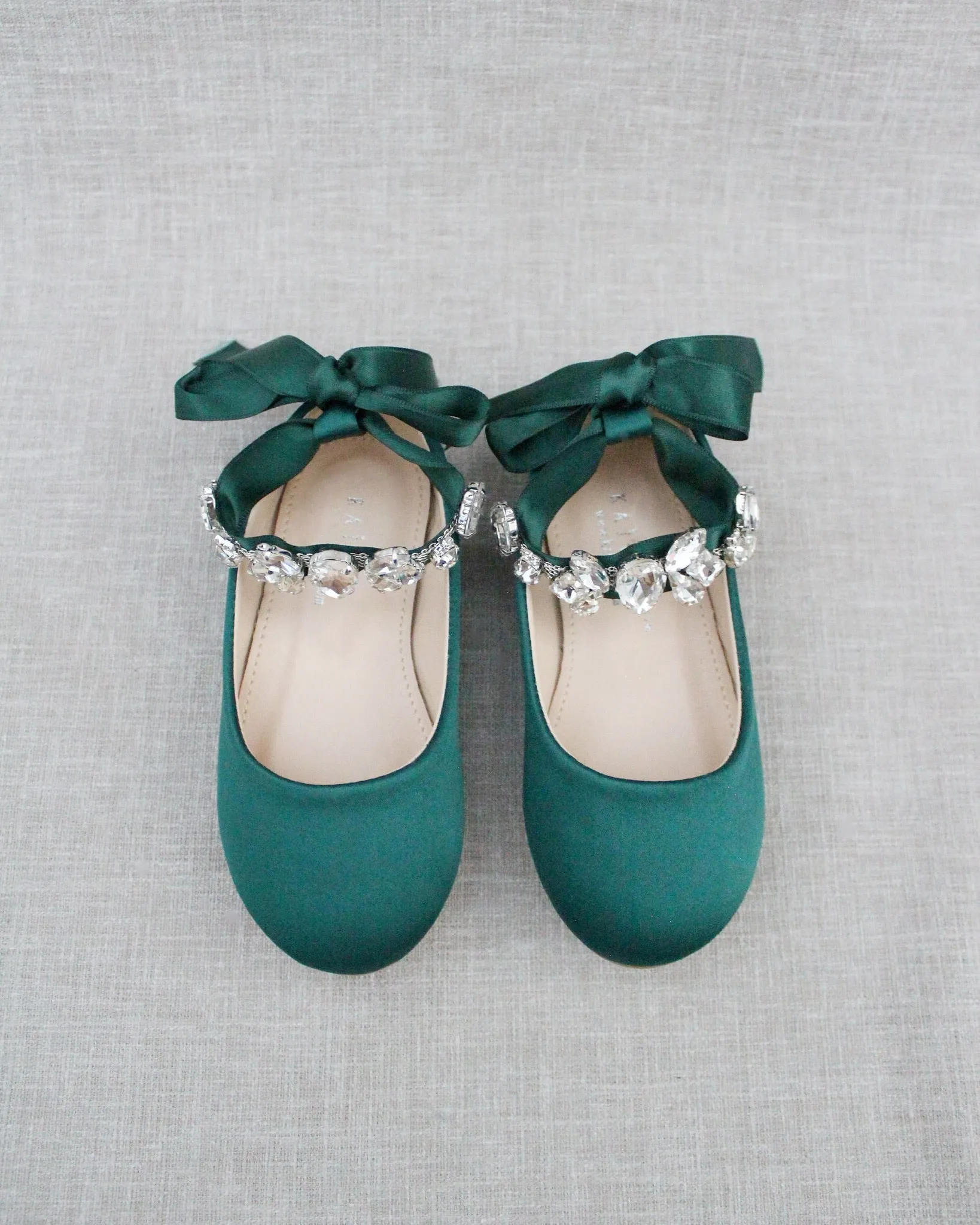 Hunter Green Satin Flats with Navette Cluster Rhinestones