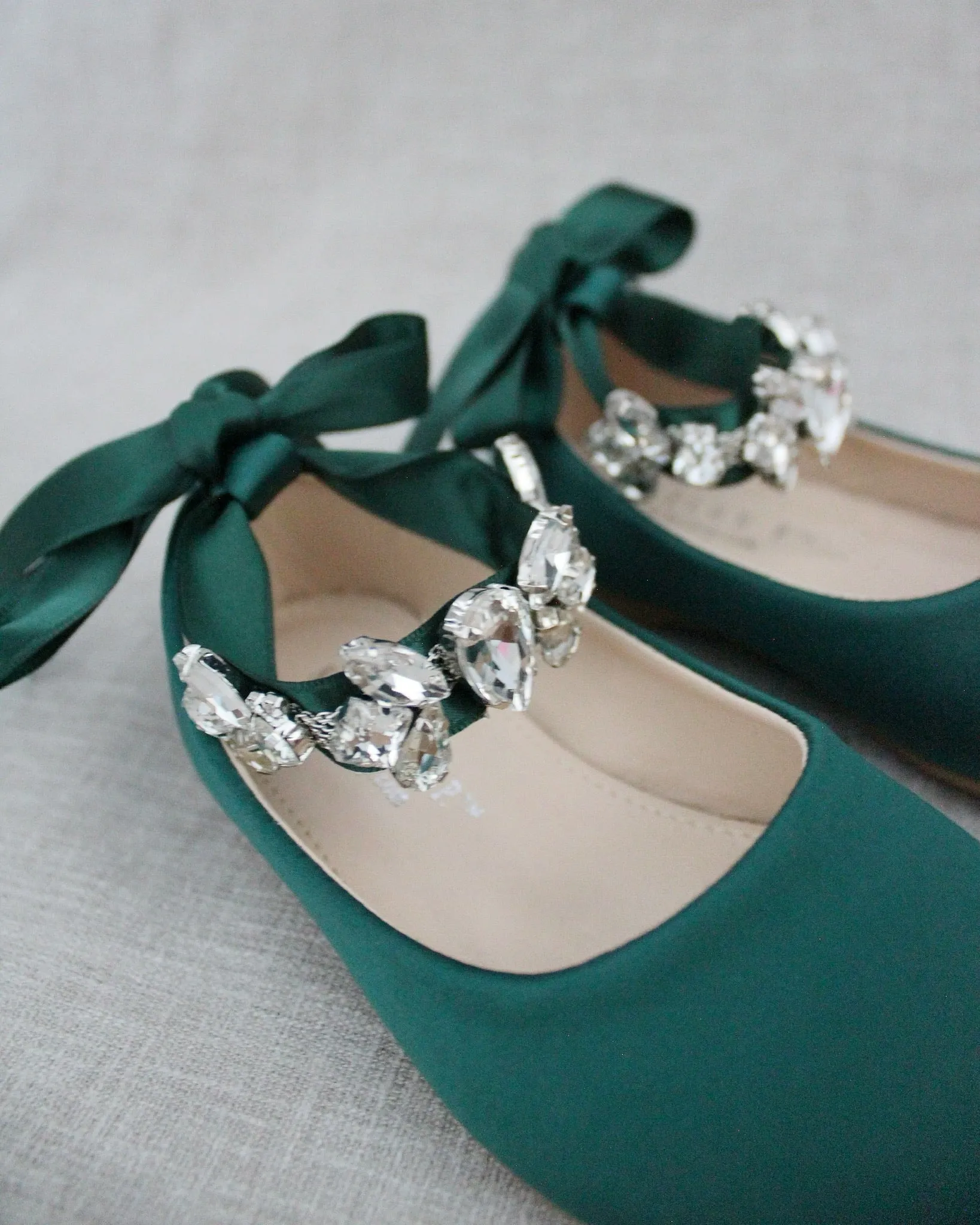 Hunter Green Satin Flats with Navette Cluster Rhinestones