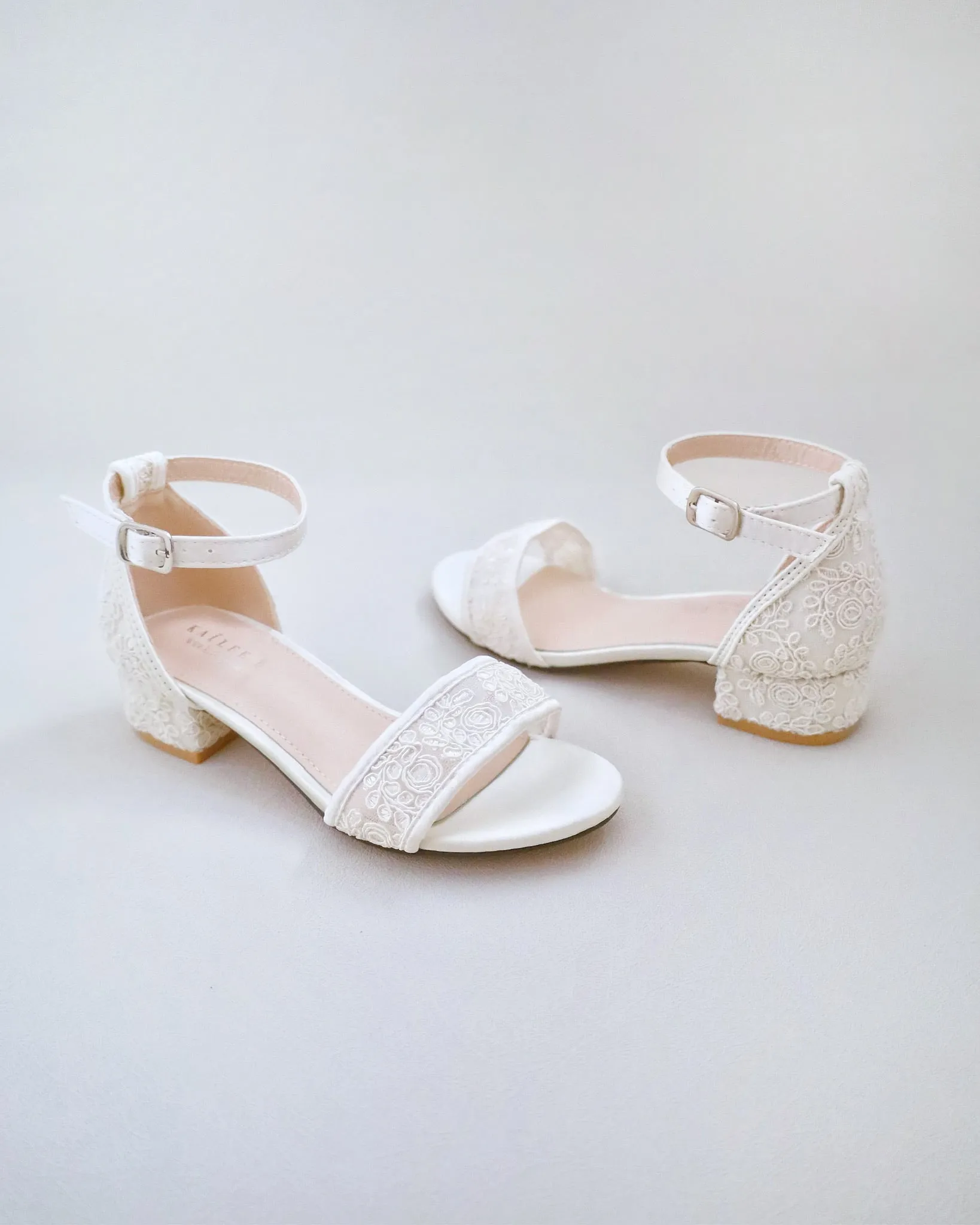 Ivory Crochet Lace Low Block Heel Girls Sandals