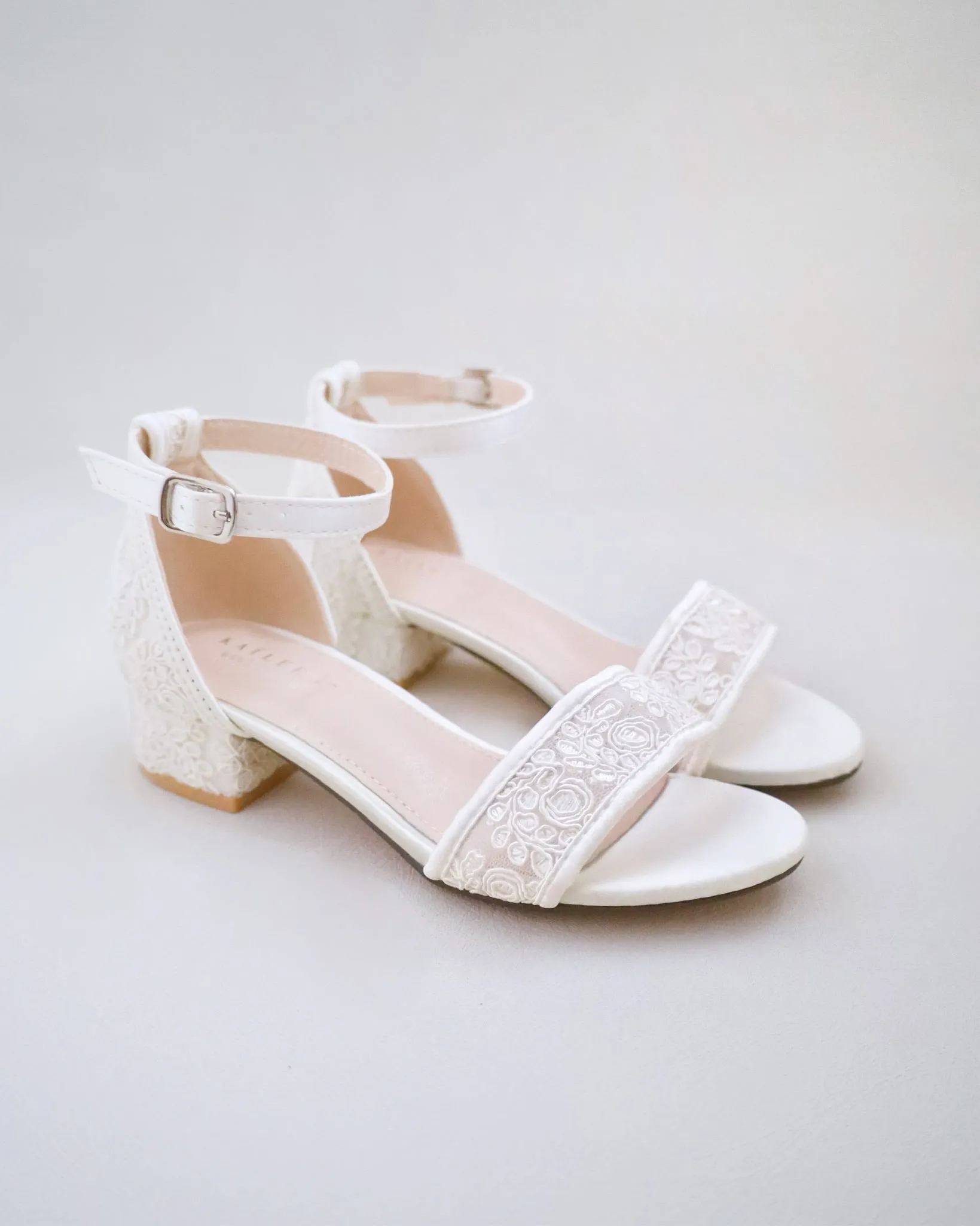 Ivory Crochet Lace Low Block Heel Girls Sandals