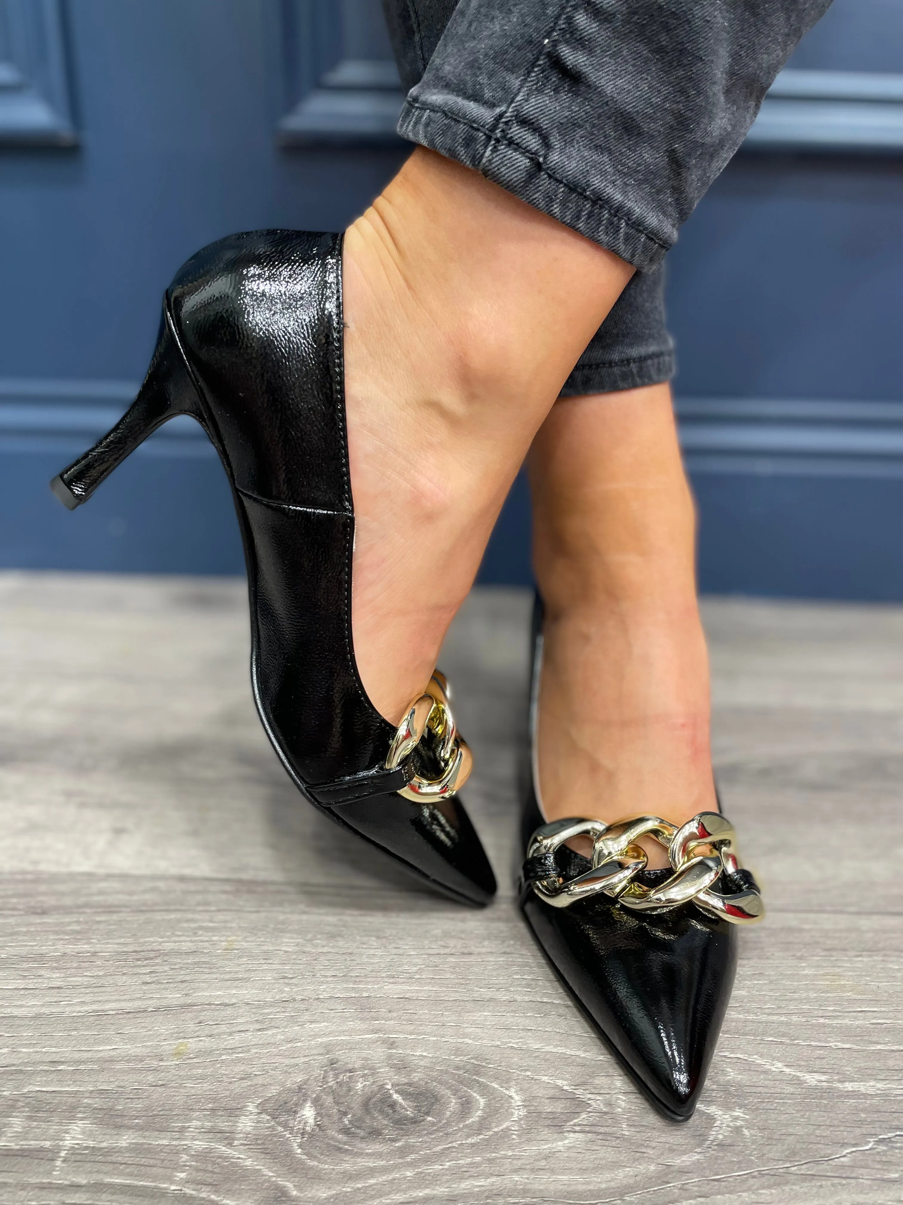 Marco Moreo Black Patent Heel with Gold Chain Detail