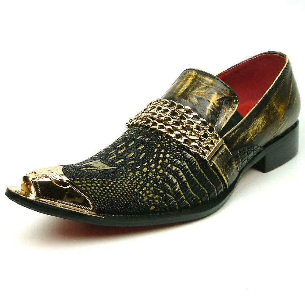 Men's Fiesso Brown Leather Snake Print Slip on Shoes Metal Tip FI 7435