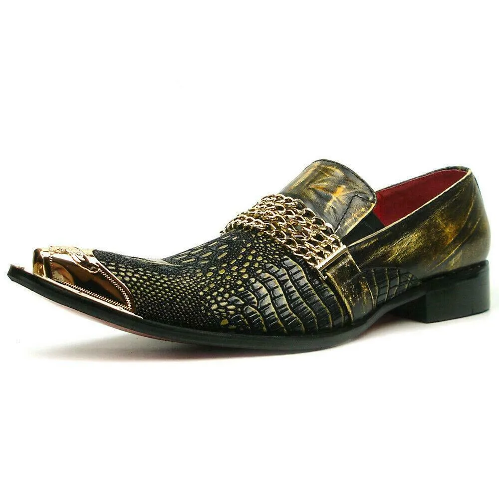 Men's Fiesso Brown Leather Snake Print Slip on Shoes Metal Tip FI 7435