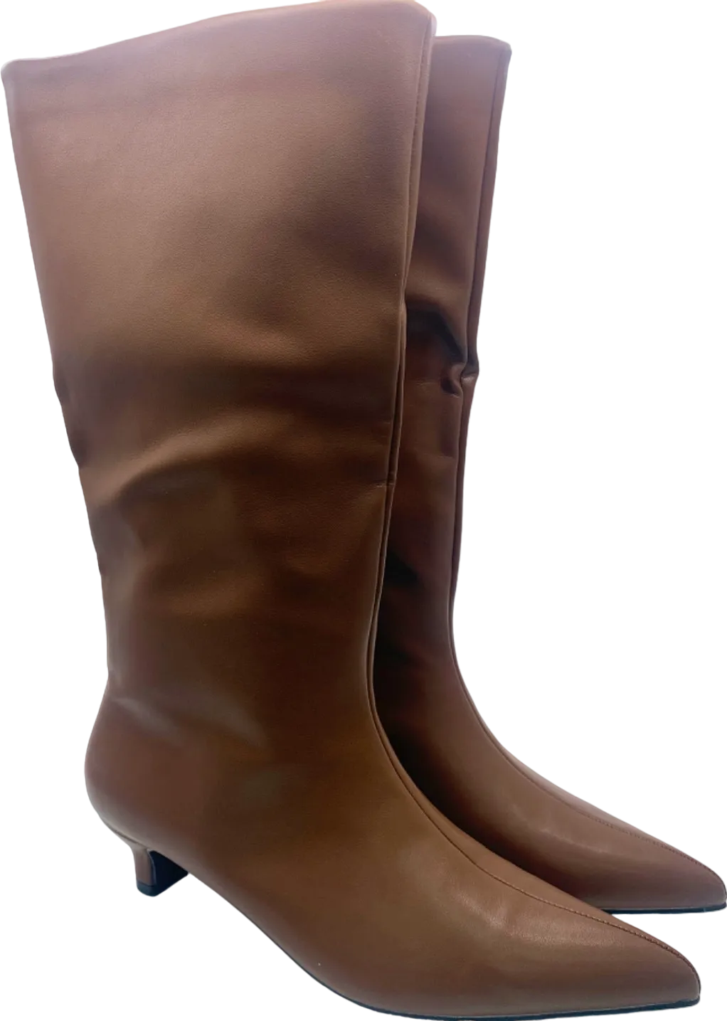 MISSPAP Brown Leather Look Low Heel Knee High Boots UK5