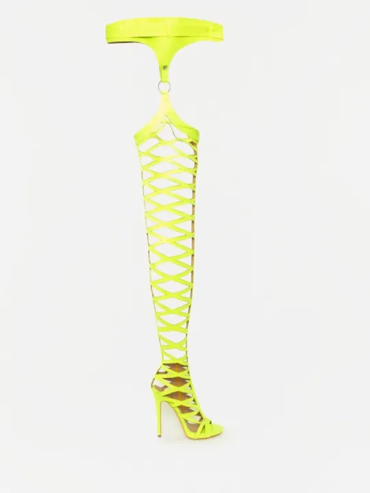 Neon Yellow Thigh High Cut-Out Sandal Boots