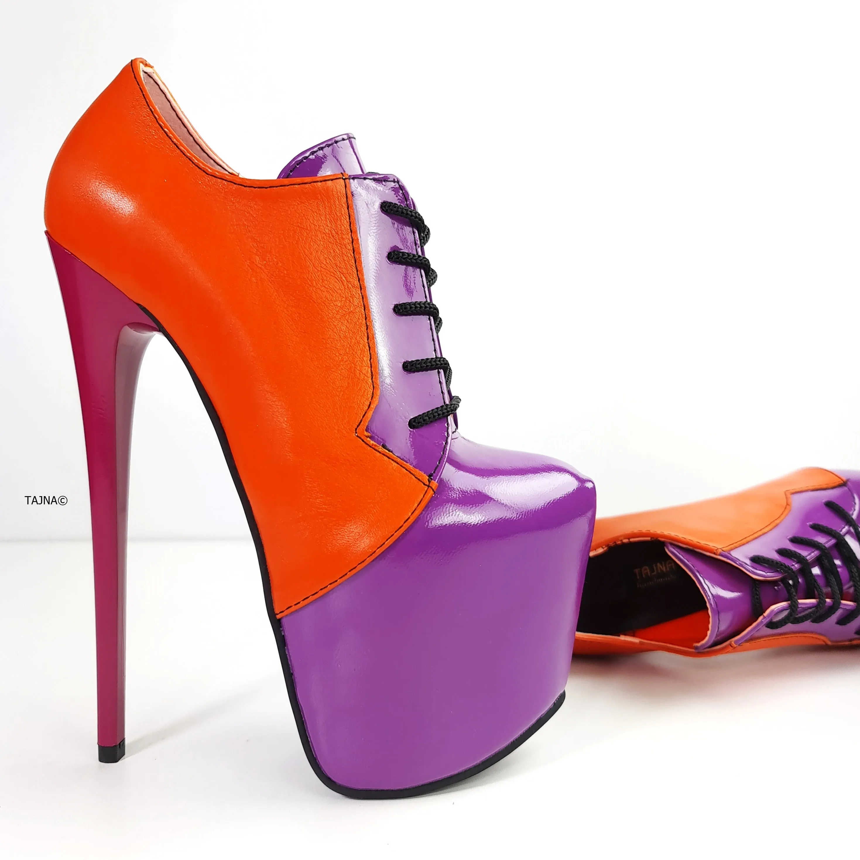 Orange Purple Genuine Leather Oxford Heels