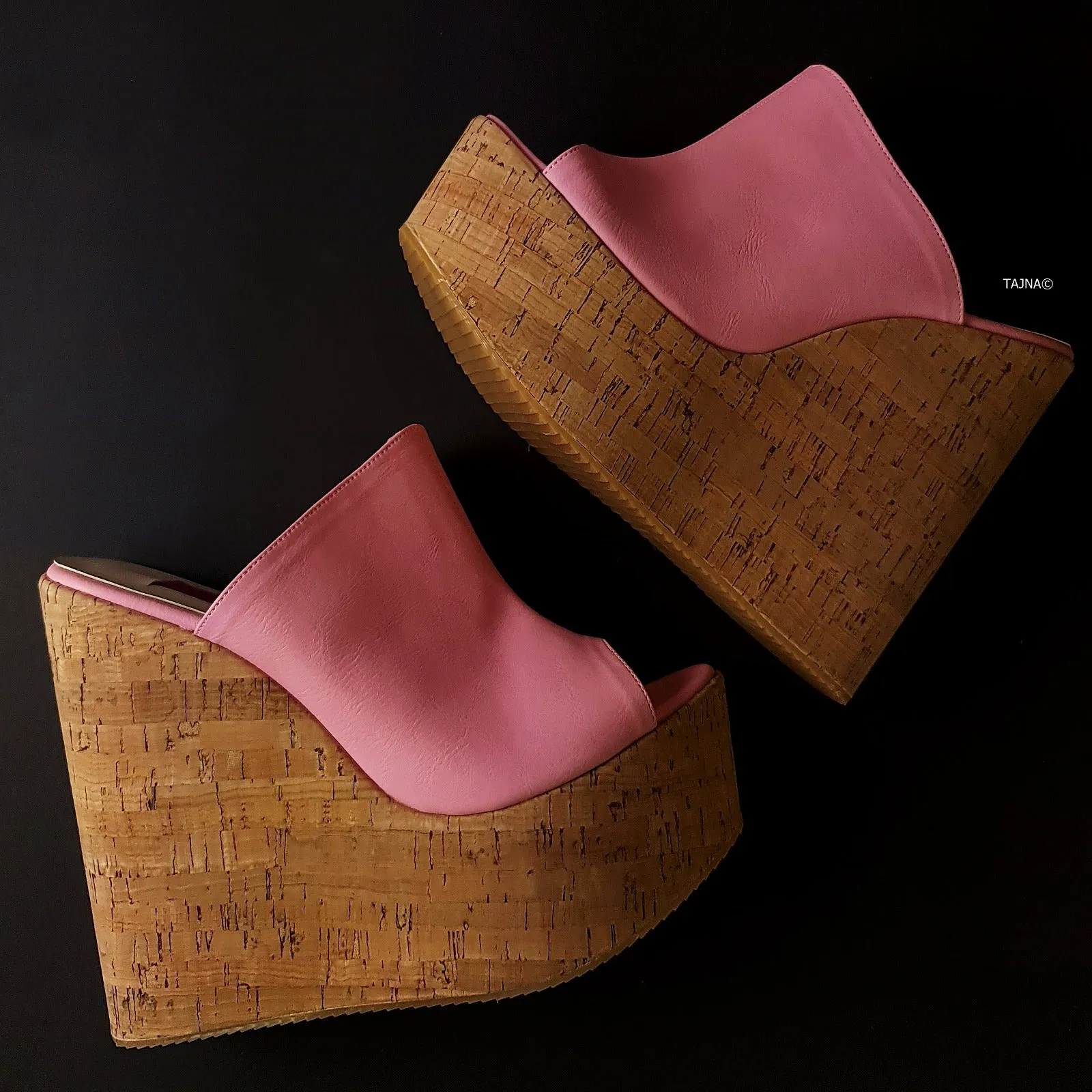 Pink Cork Wedge Platform Mules