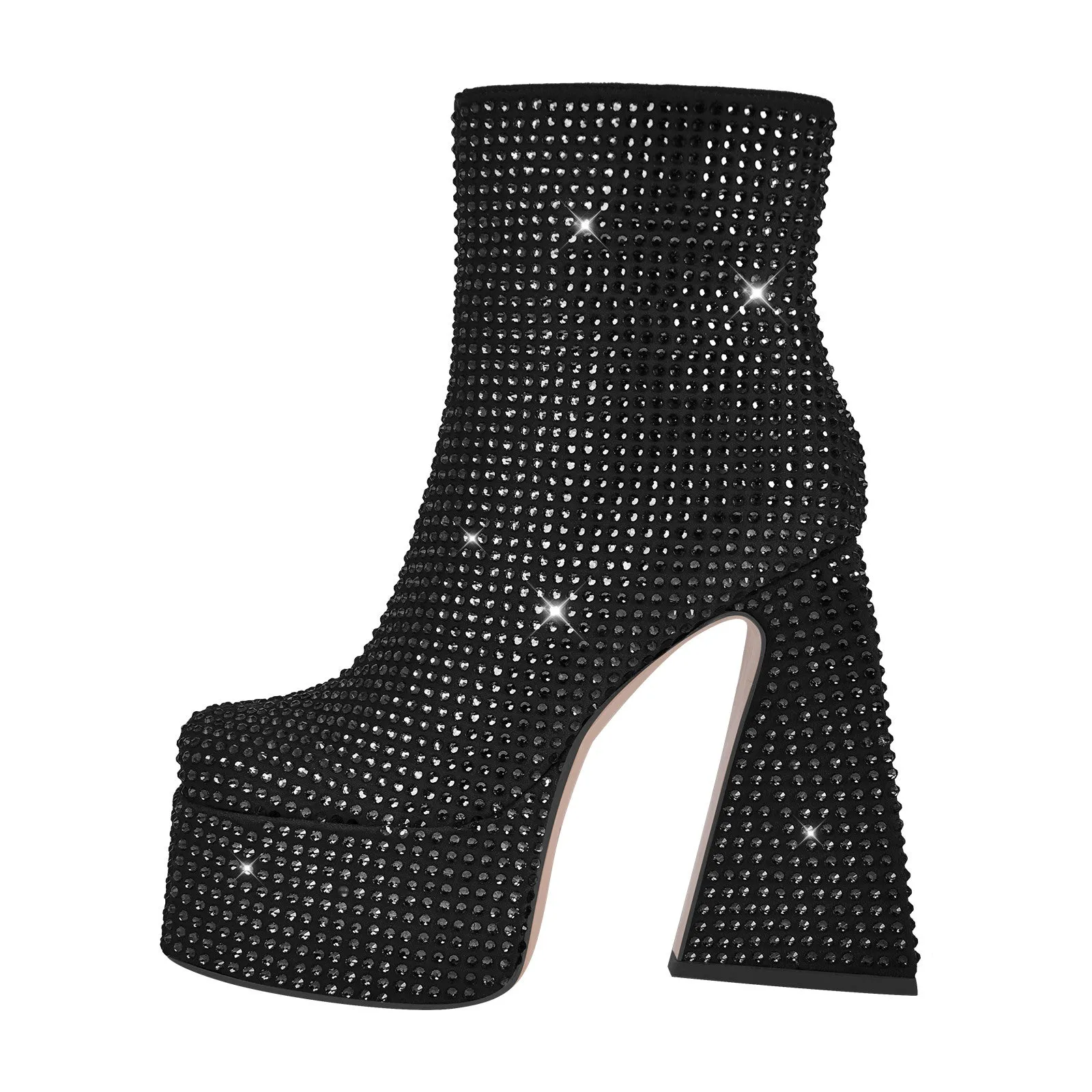 Rhinestone Square Toe Platform Chunky Heel Ankle Boots