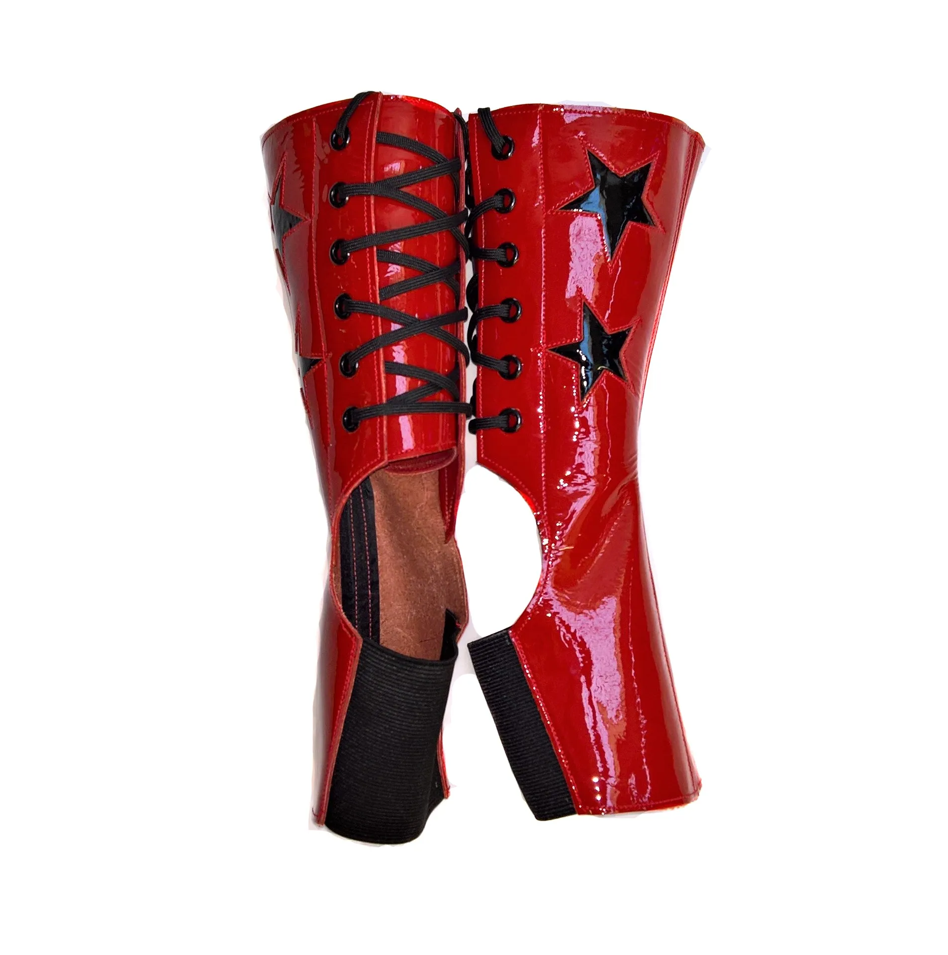 Short Red patent Pole & Aerial Gaiters w/Black Stars