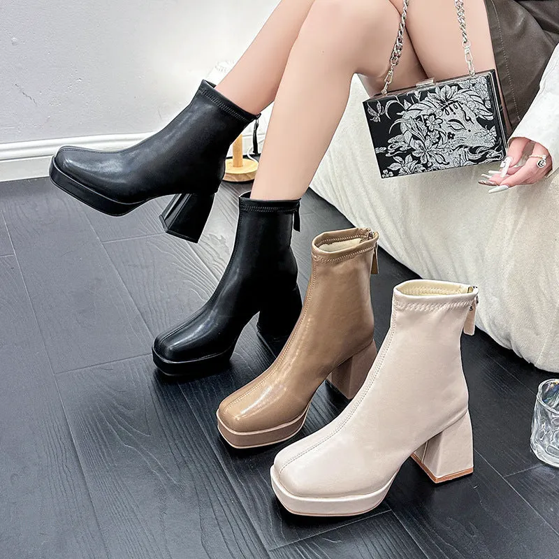 Square Toe Chunky Heel Temperament plus Size High-Heeled Boots with Short Tube Women's  Spring New  Martin Boots Fashion Leather Boots