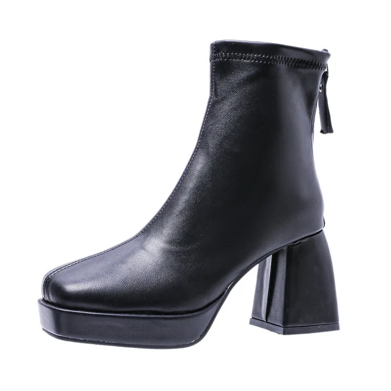 Square Toe Chunky Heel Temperament plus Size High-Heeled Boots with Short Tube Women's  Spring New  Martin Boots Fashion Leather Boots