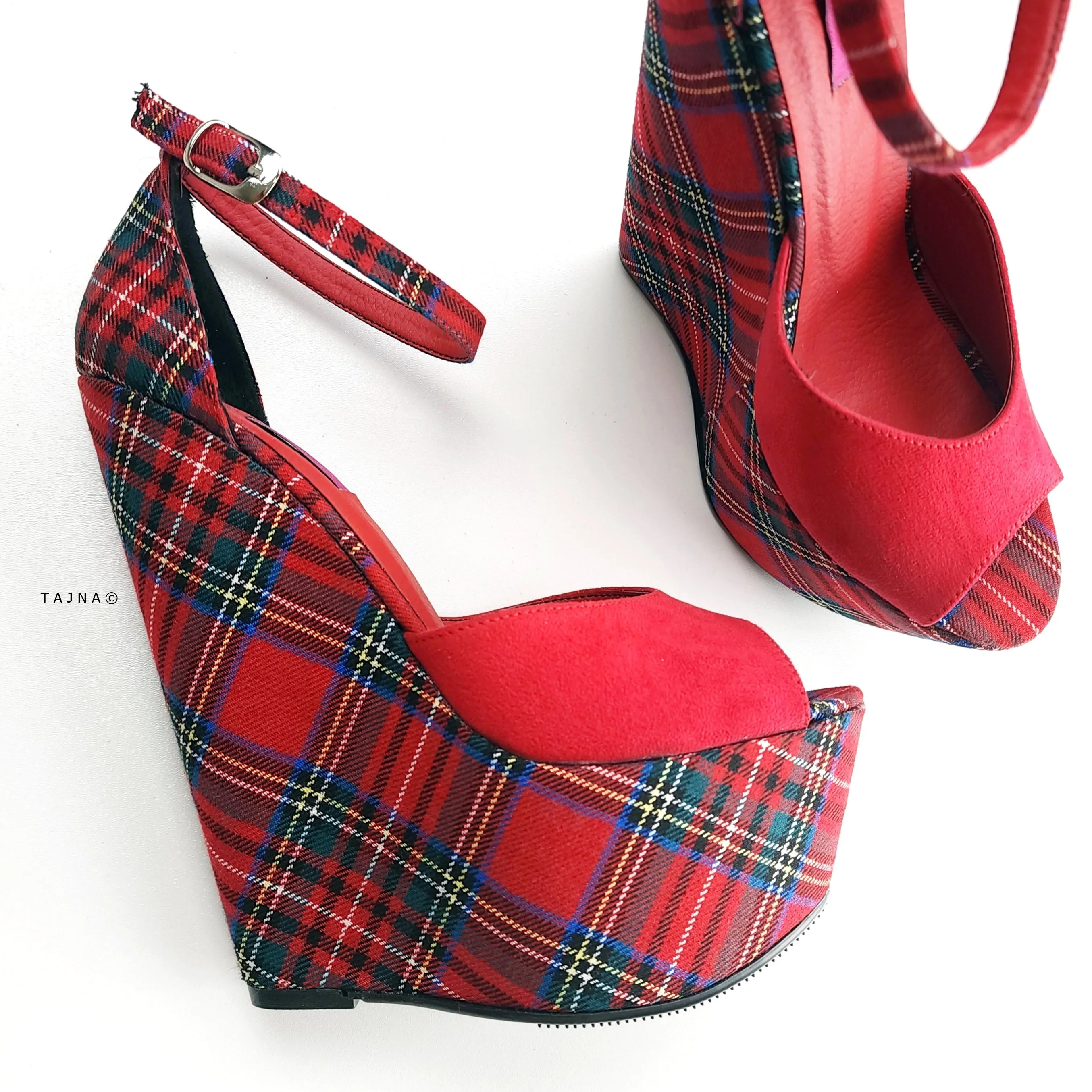 Tartan Red Suede Ankle Strap Wedge Sandals