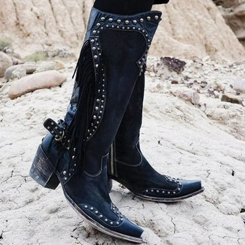 Western Ethnic Vintage Tasseled Knight Boots Woman Shoes