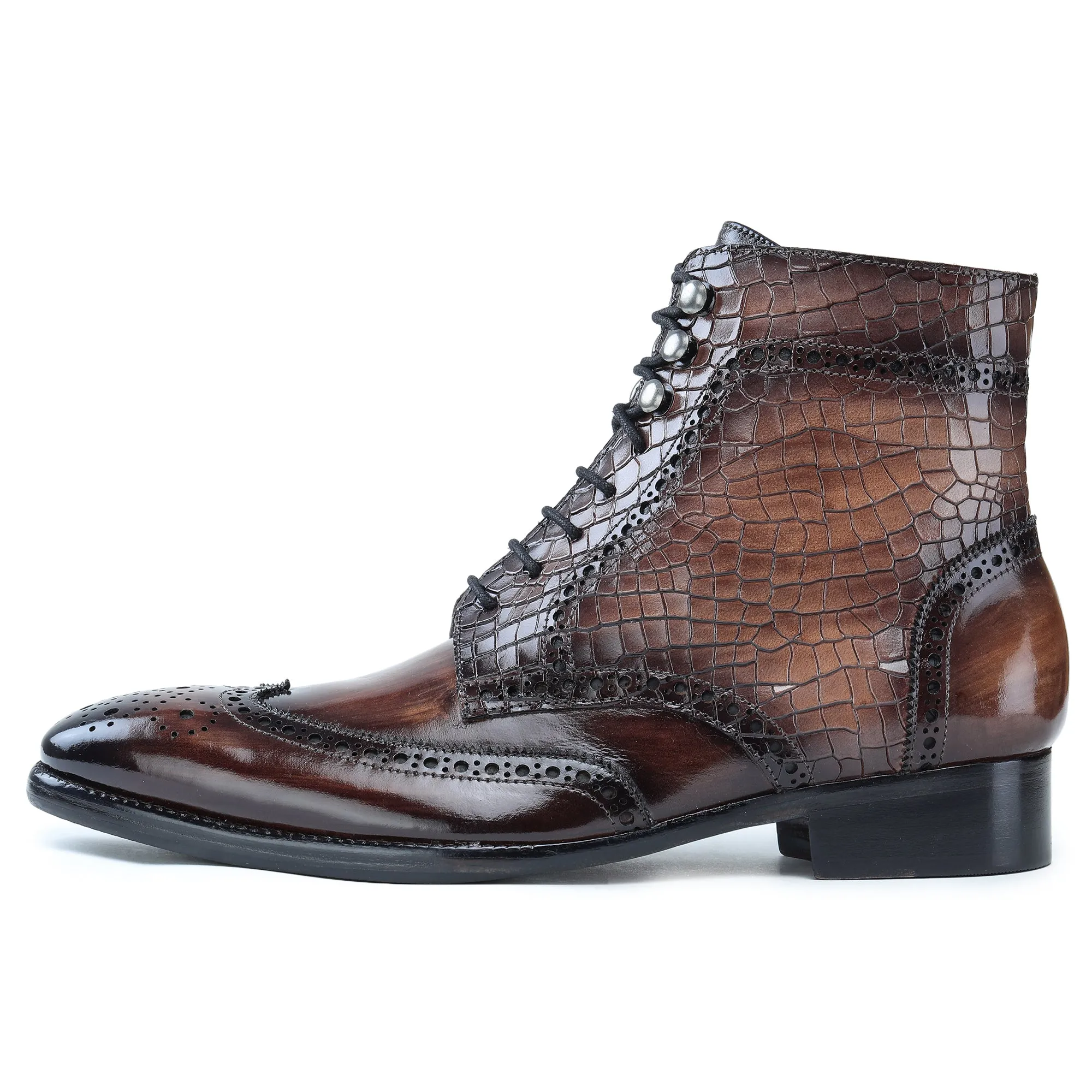 Wingtip Lace Up Boots- Croc Brown