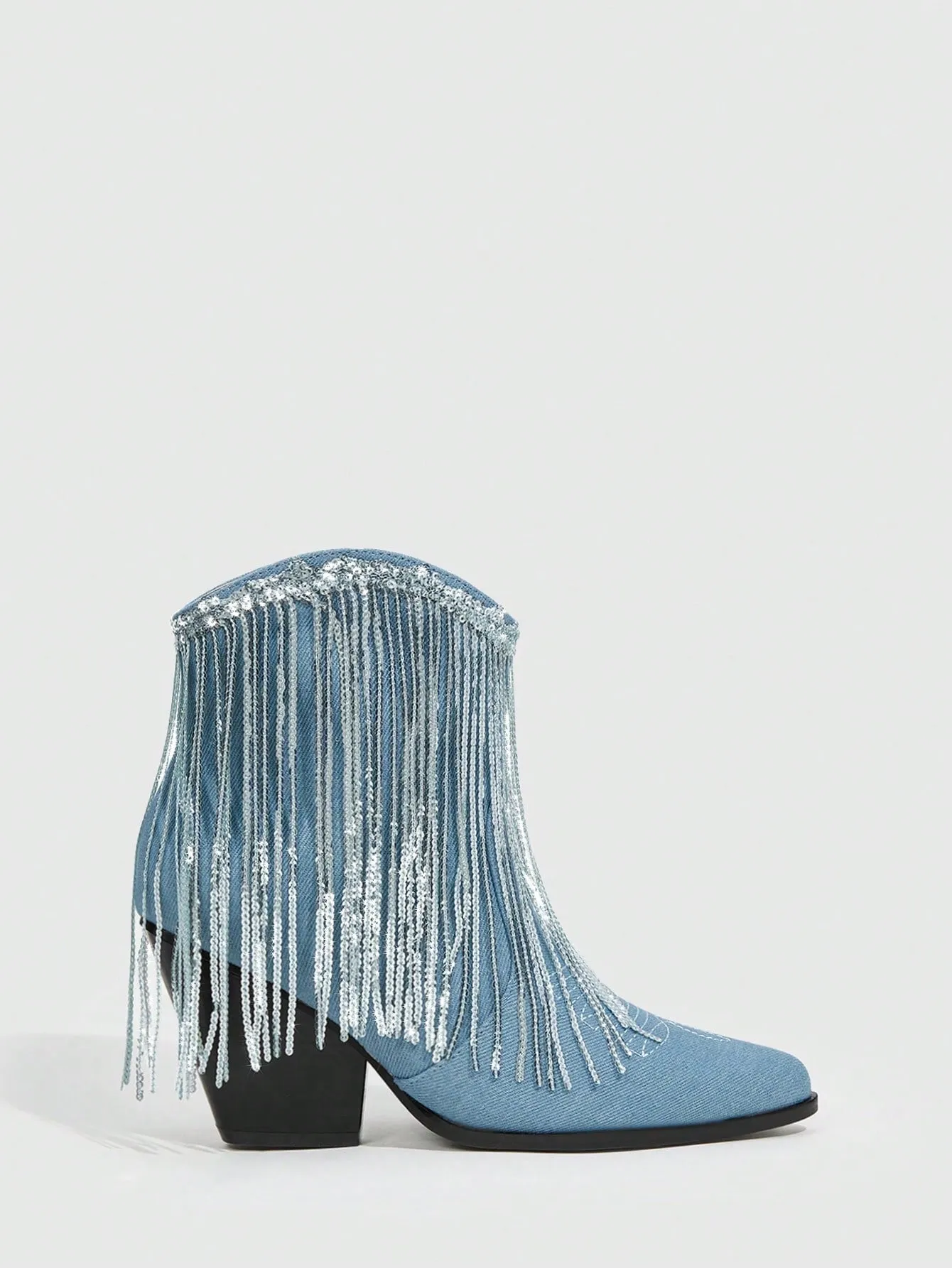 Woman Shoes Fashion Point Toe Sparkly Fringed One-Step Slip-On Western Blue Boots For Outdoor Valentines Day