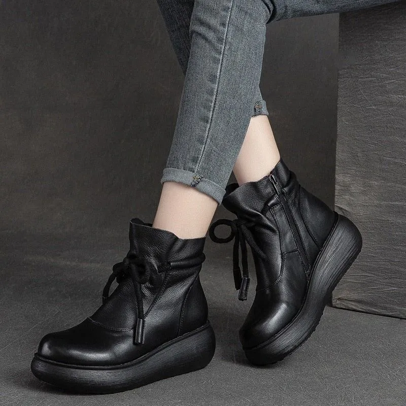 Women's Casual Shoes QA325 - Leather Ankle Wedge Platform Boots